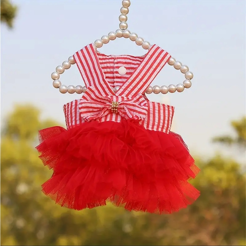 Pet red stripes dress with tutu bow skirt small size - Picture 1 of 6
